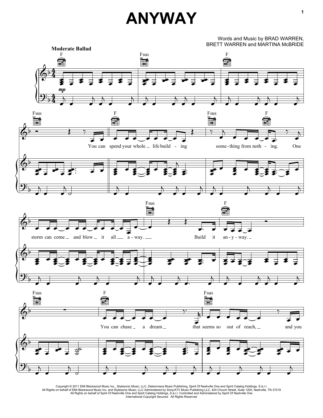 Martina McBride Anyway sheet music notes and chords arranged for Easy Piano