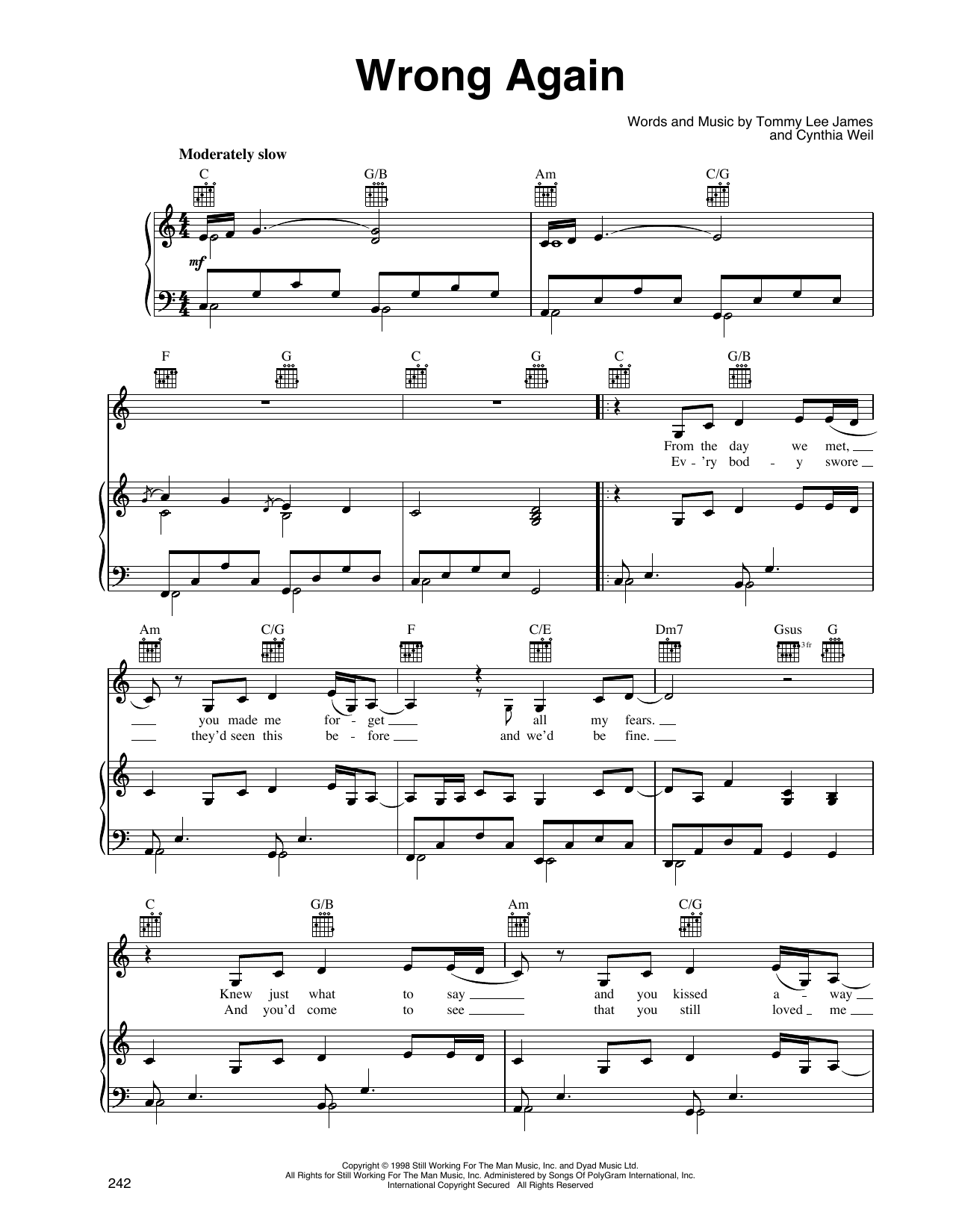 Martina McBride Wrong Again sheet music notes and chords arranged for Piano, Vocal & Guitar Chords (Right-Hand Melody)