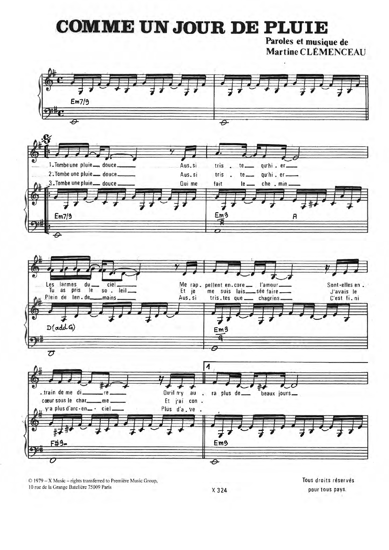Martine Clemenceau Comme Un Jour De Pluie sheet music notes and chords arranged for Piano & Vocal