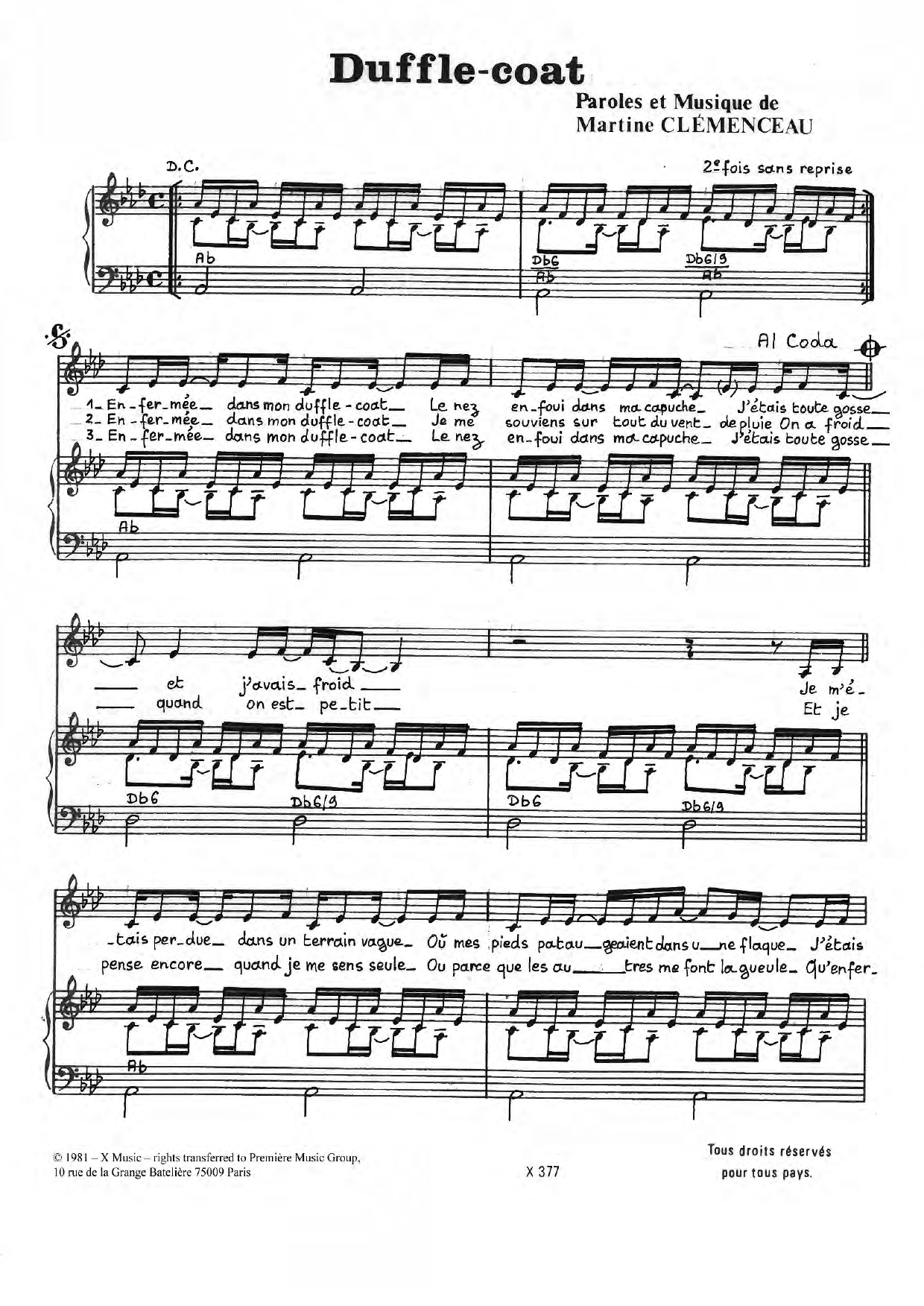 Martine Clemenceau Duffle Coat sheet music notes and chords arranged for Piano & Vocal