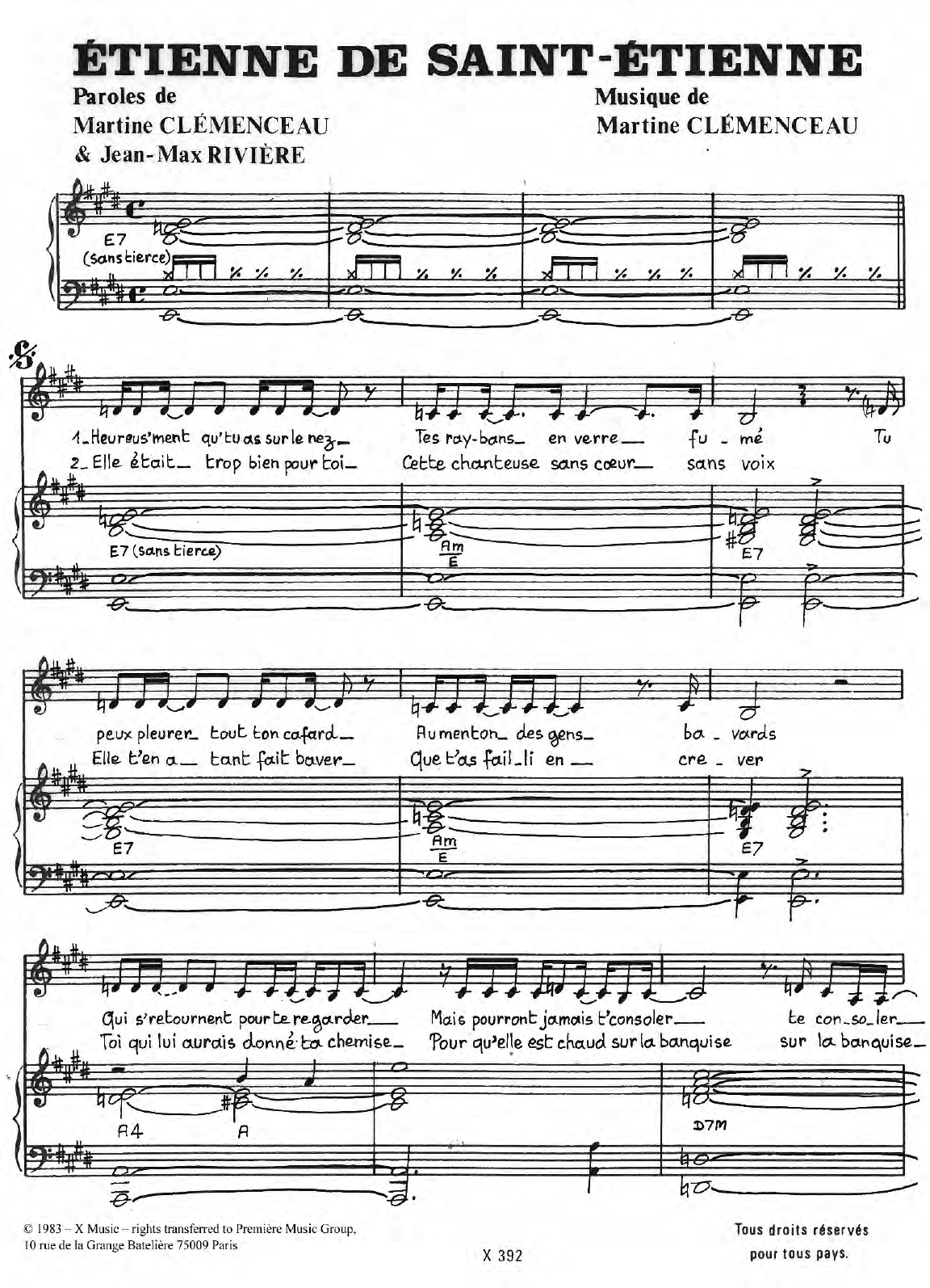 Martine Clemenceau Etienne De Saint-Etienne sheet music notes and chords arranged for Piano & Vocal