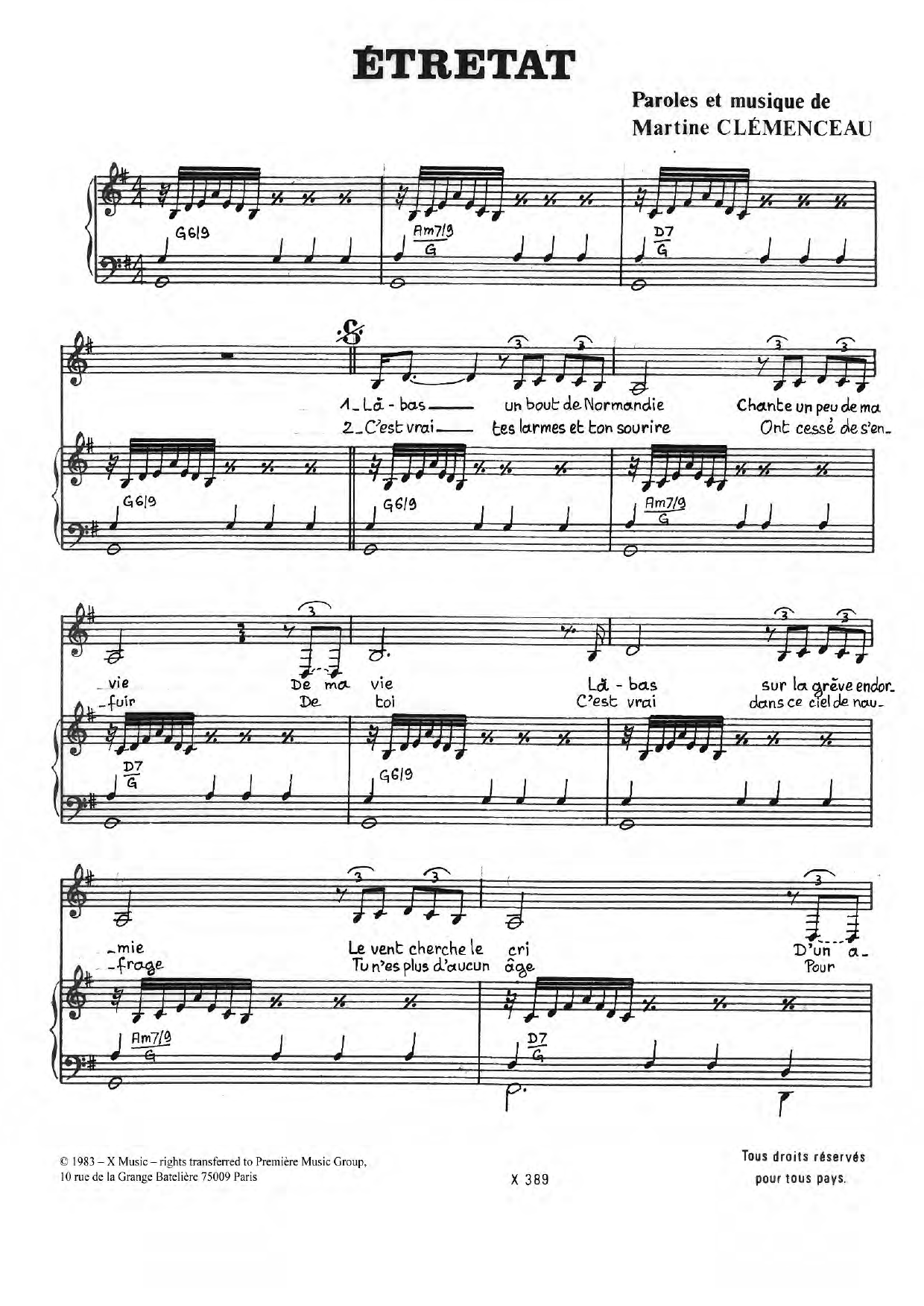 Martine Clemenceau Etretat sheet music notes and chords arranged for Piano & Vocal