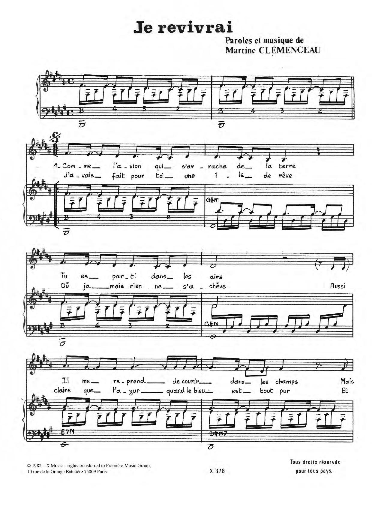 Martine Clemenceau Je Revivrai sheet music notes and chords arranged for Piano & Vocal