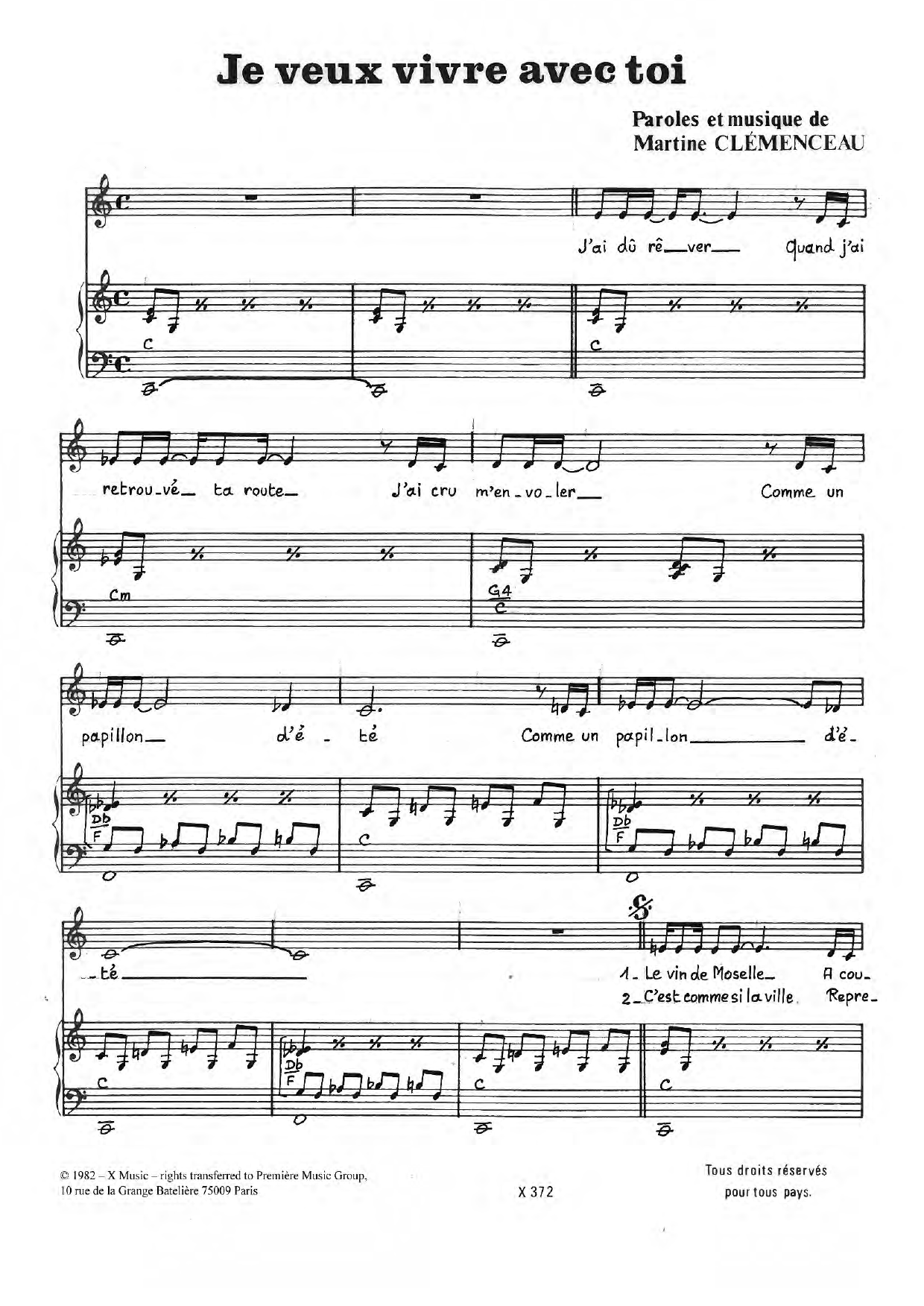 Martine Clemenceau Je Veux Vivre Avec Toi sheet music notes and chords arranged for Piano & Vocal