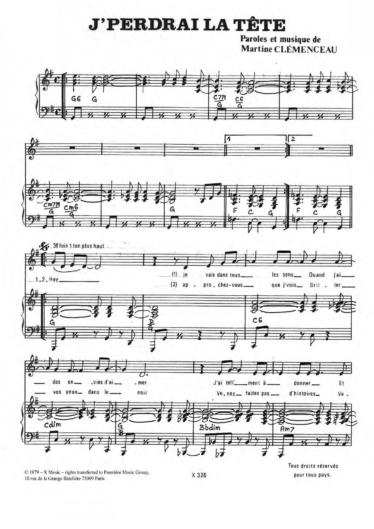 Martine Clemenceau J'perdrai La Tete sheet music notes and chords arranged for Piano & Vocal