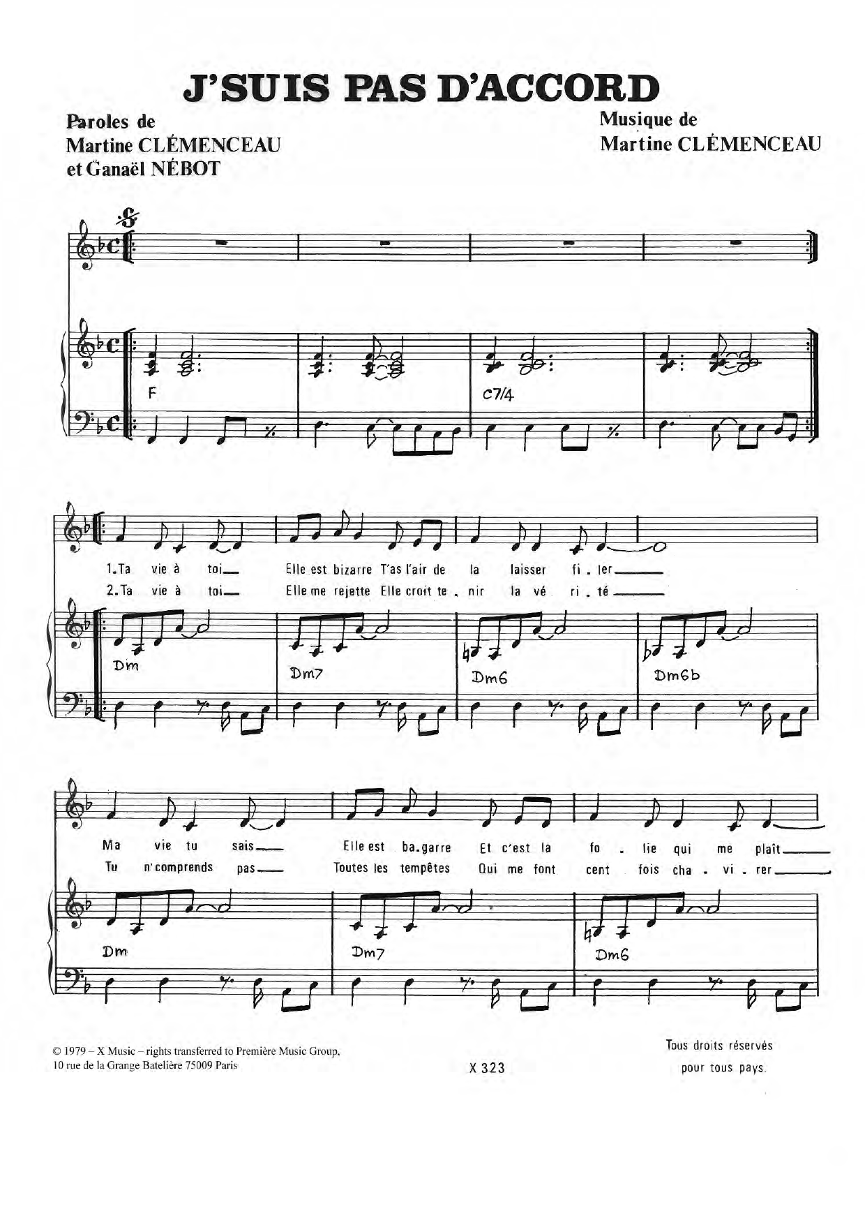 Martine Clemenceau J'suis Pas D'accord sheet music notes and chords arranged for Piano & Vocal