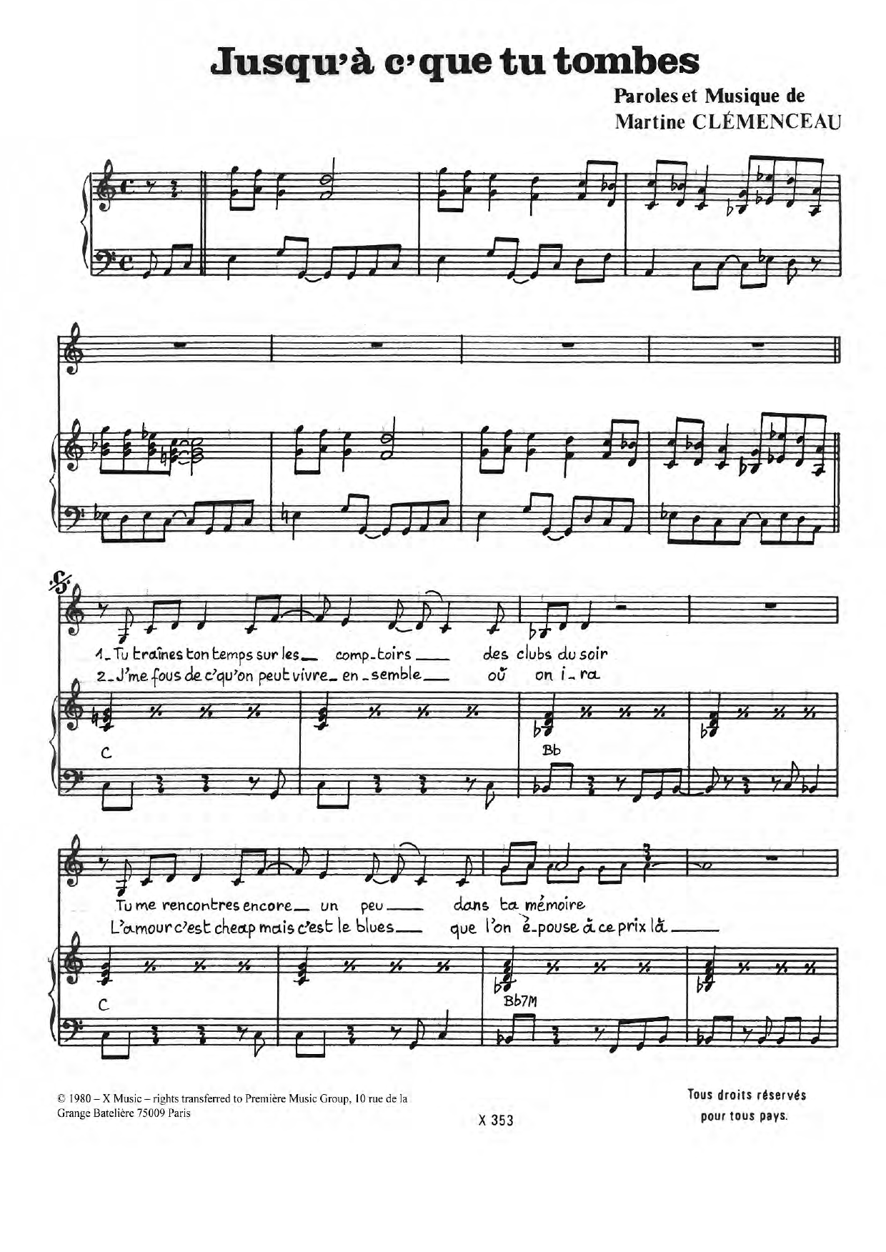 Martine Clemenceau Jusqu'a Ce Que Tu Tombes sheet music notes and chords arranged for Piano & Vocal
