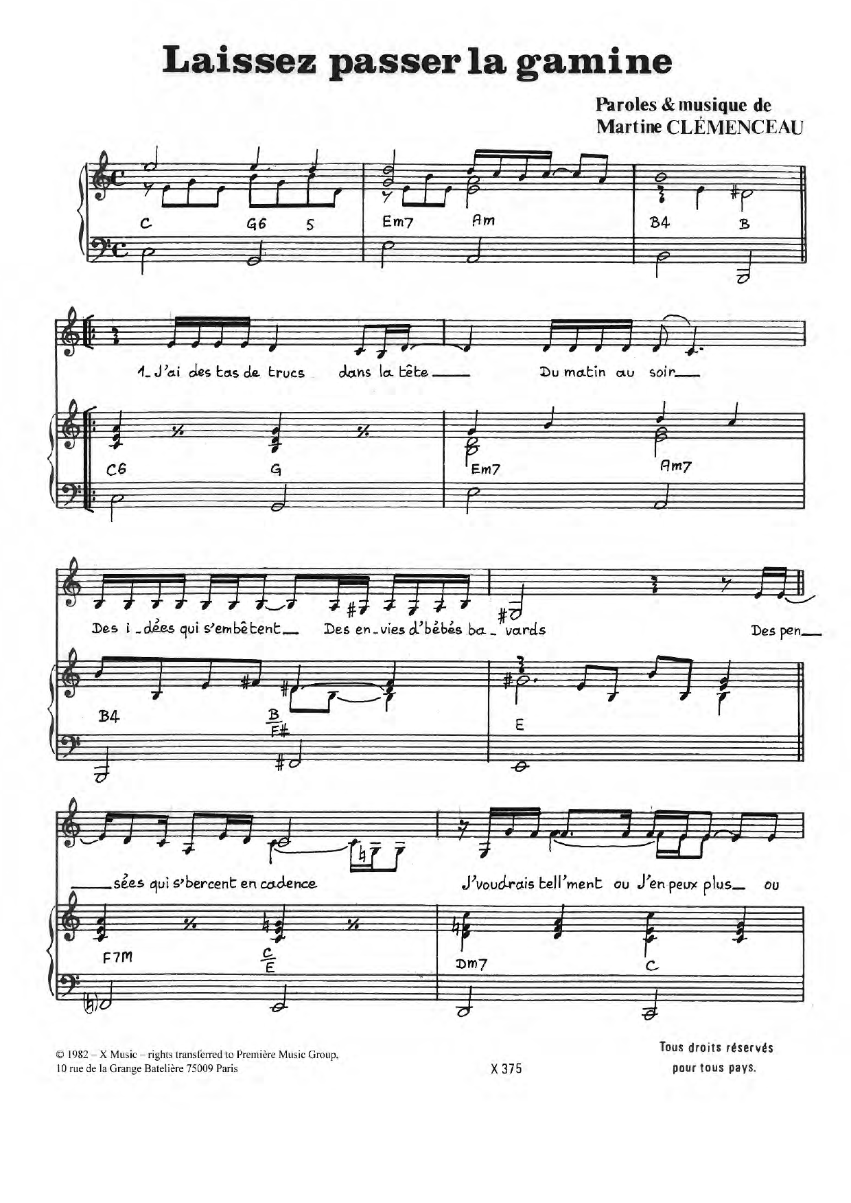 Martine Clemenceau Laissez Passer La Gamine sheet music notes and chords arranged for Piano & Vocal