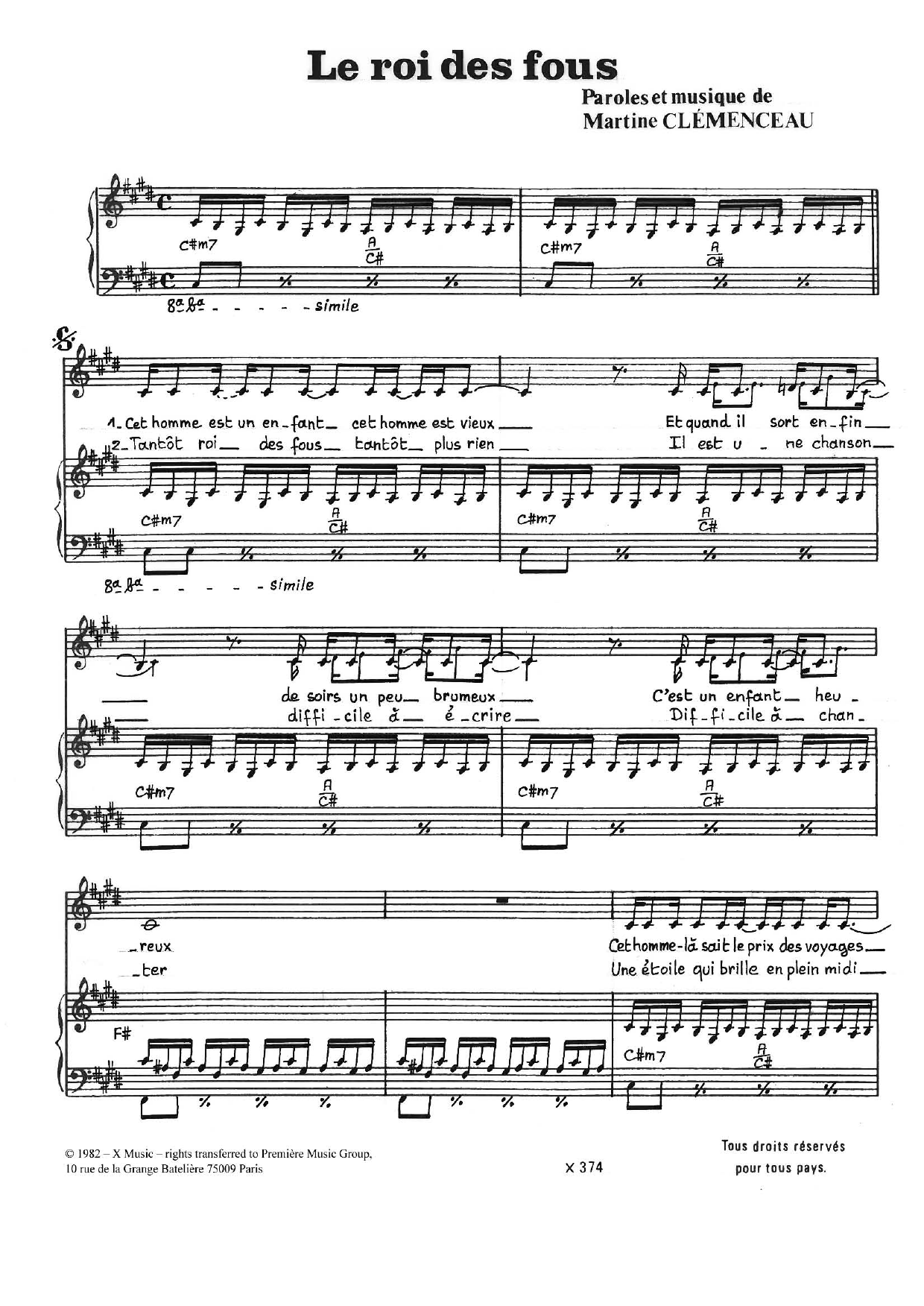 Martine Clemenceau Le Roi Des Fous sheet music notes and chords arranged for Piano & Vocal
