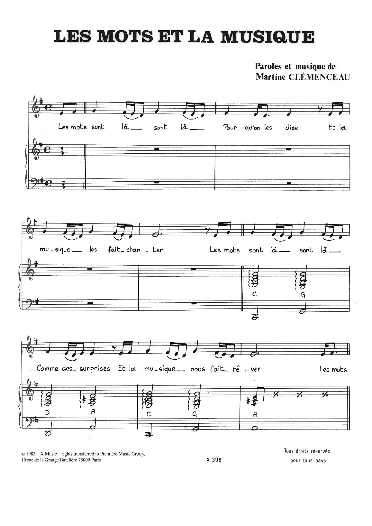 Martine Clemenceau Les Mots Et La Musique sheet music notes and chords arranged for Piano & Vocal
