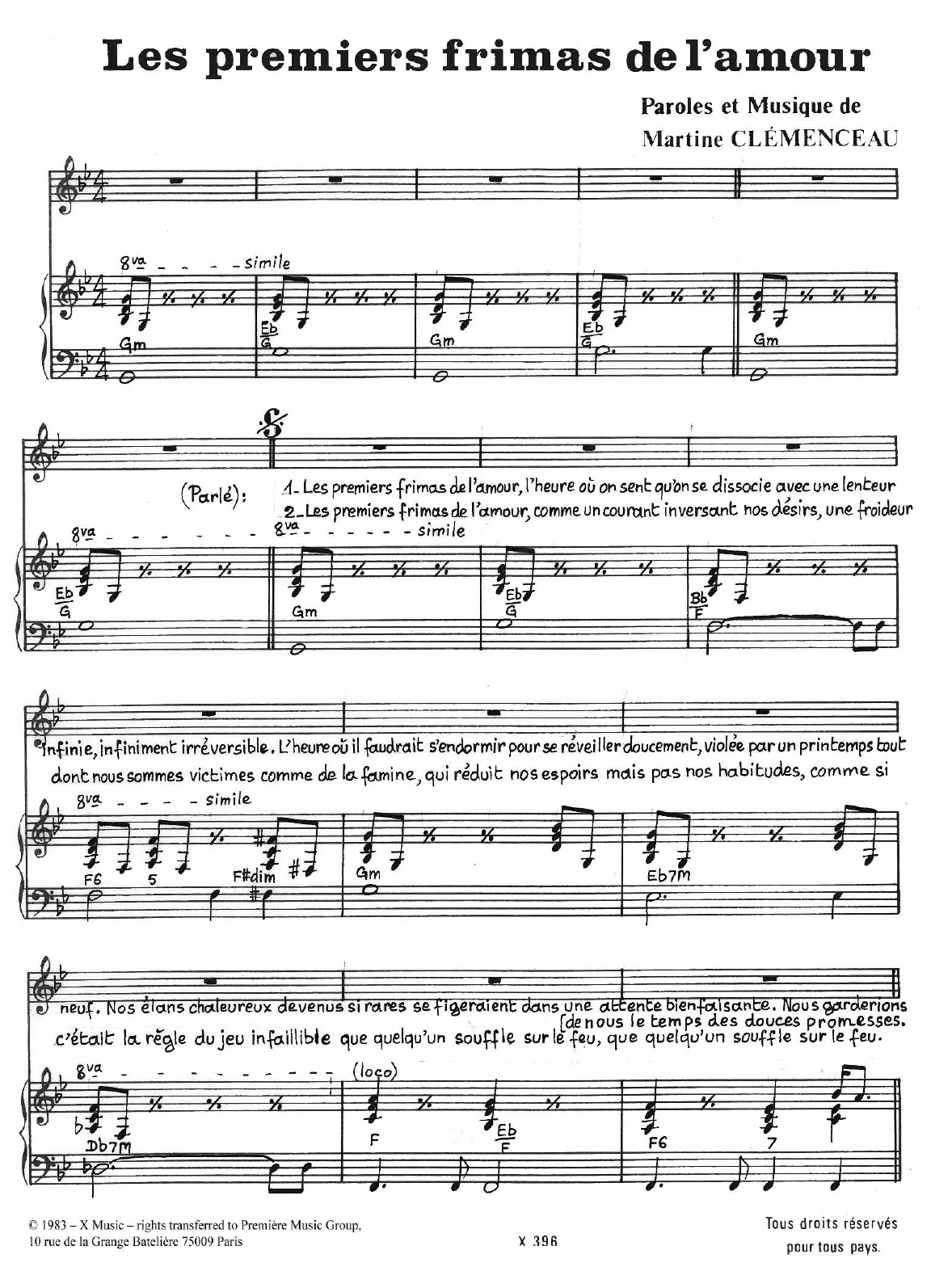 Martine Clemenceau Les Premiers Frimas De L'amour sheet music notes and chords arranged for Piano & Vocal