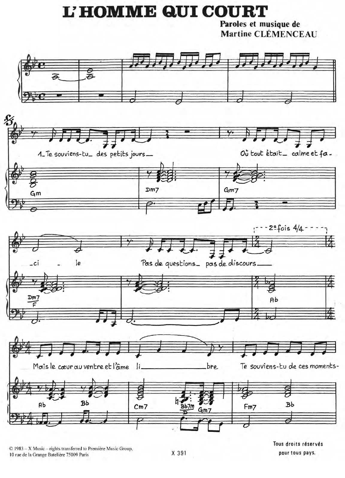 Martine Clemenceau L'homme Qui Court sheet music notes and chords arranged for Piano & Vocal