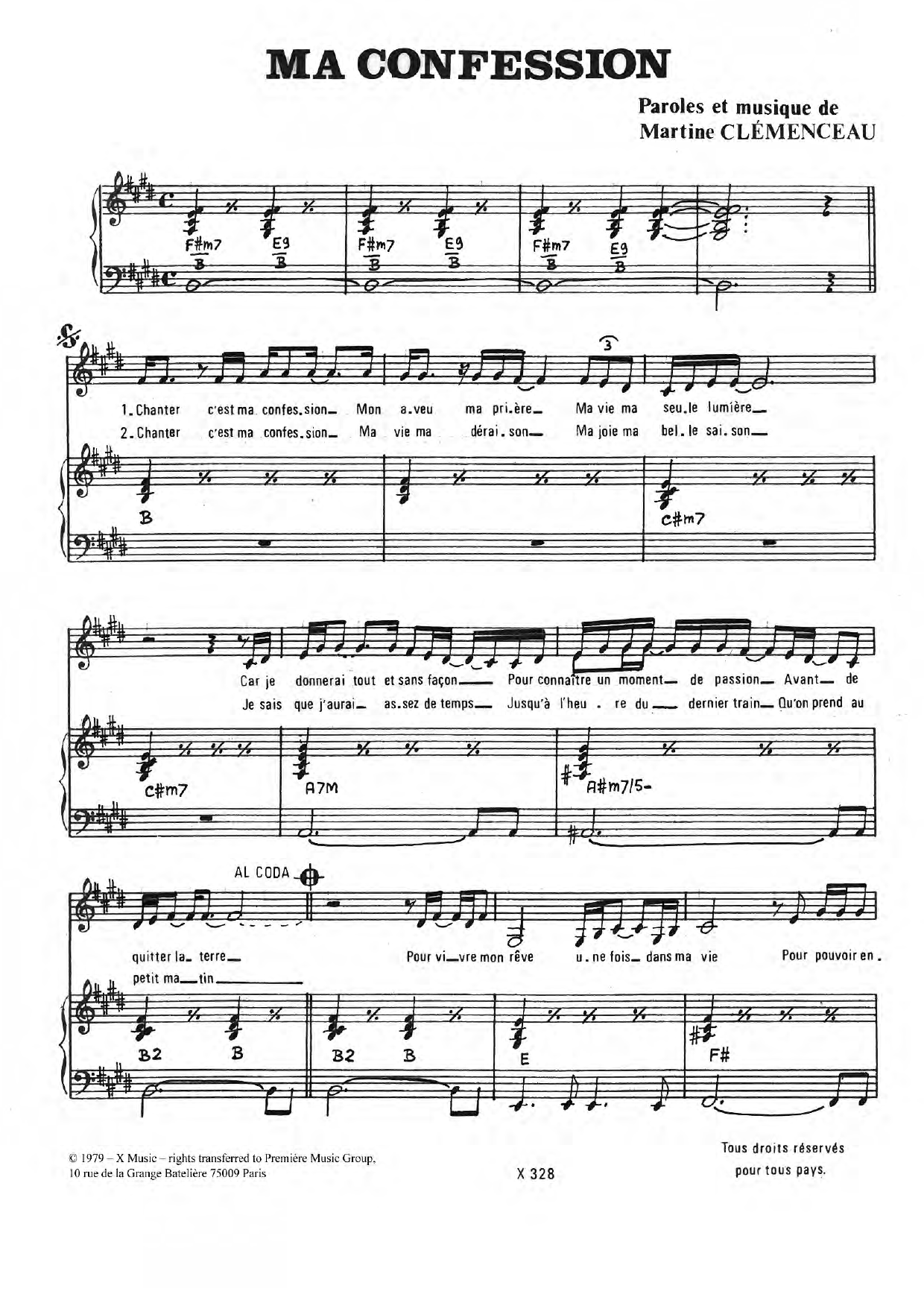 Martine Clemenceau Ma Confession sheet music notes and chords arranged for Piano & Vocal