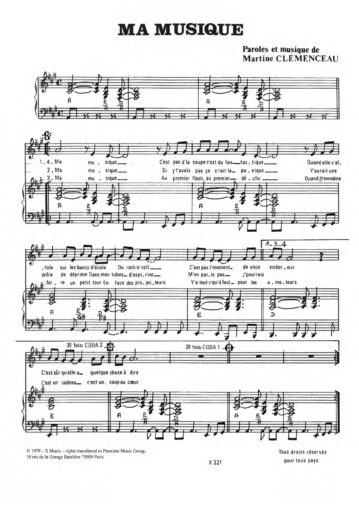 Martine Clemenceau Ma Musique sheet music notes and chords arranged for Piano & Vocal