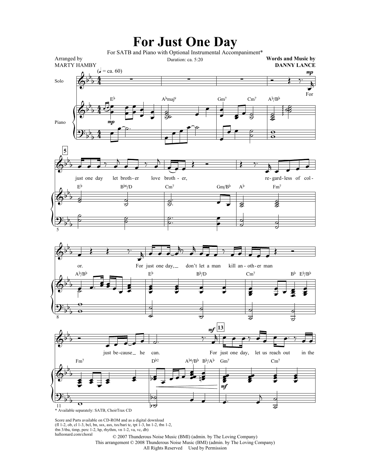 Marty Hamby For Just One Day sheet music notes and chords arranged for SATB Choir