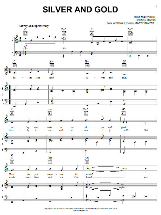 Marty Panzer Silver And Gold sheet music notes and chords arranged for Piano, Vocal & Guitar Chords (Right-Hand Melody)