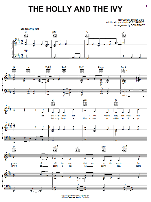 Marty Panzer The Holly And The Ivy sheet music notes and chords arranged for Piano, Vocal & Guitar Chords (Right-Hand Melody)