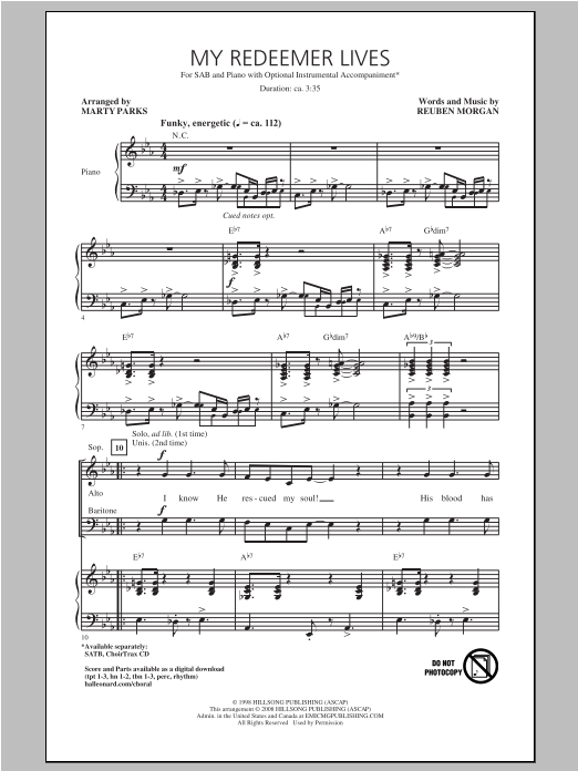 Marty Parks My Redeemer Lives sheet music notes and chords arranged for SAB Choir