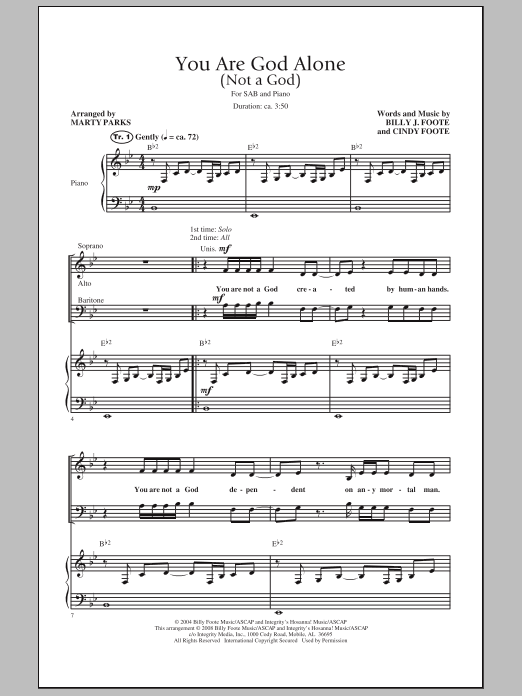 Marty Parks You Are God Alone (Not A God) sheet music notes and chords arranged for SAB Choir