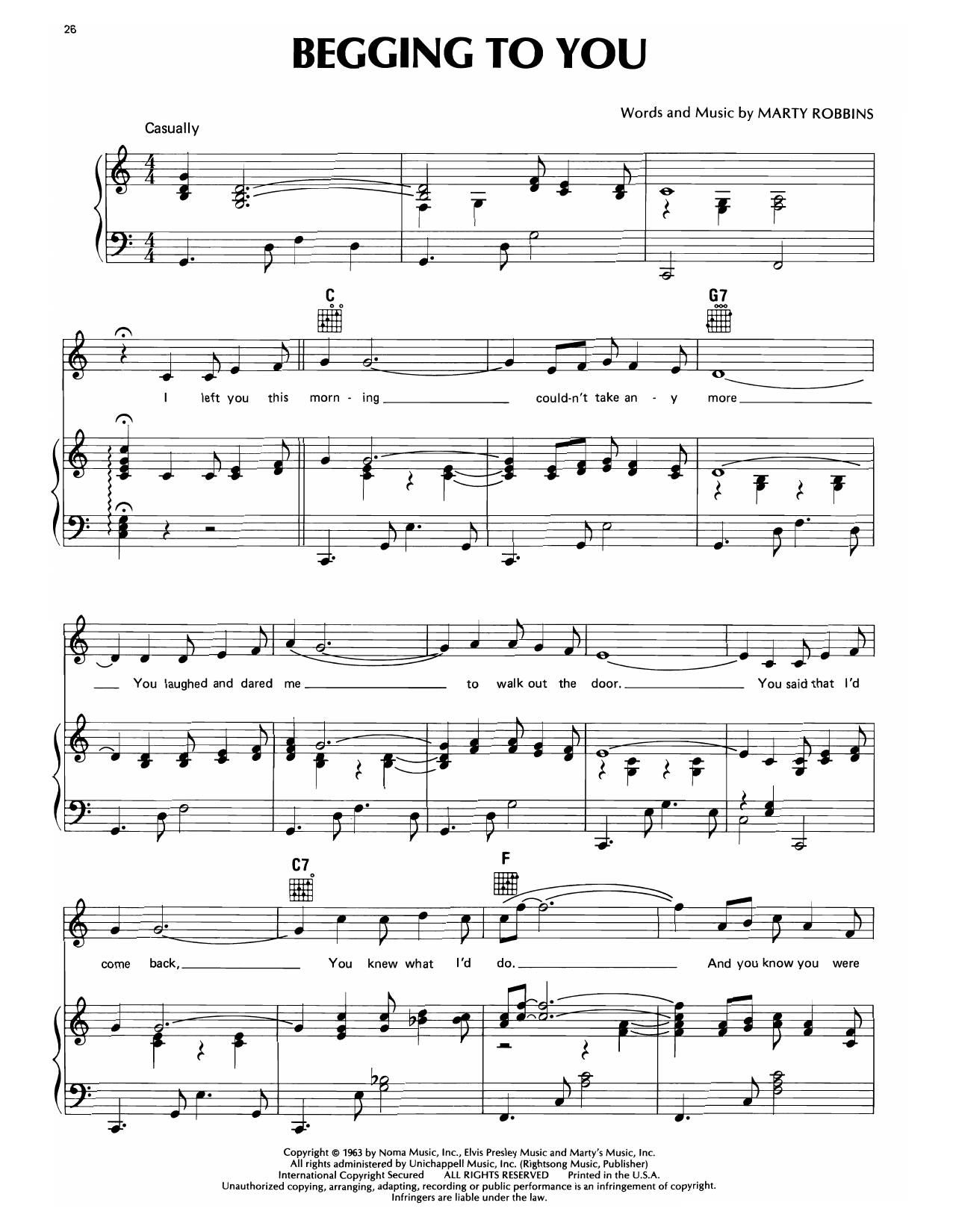 Marty Robbins Begging To You sheet music notes and chords arranged for Piano, Vocal & Guitar Chords (Right-Hand Melody)