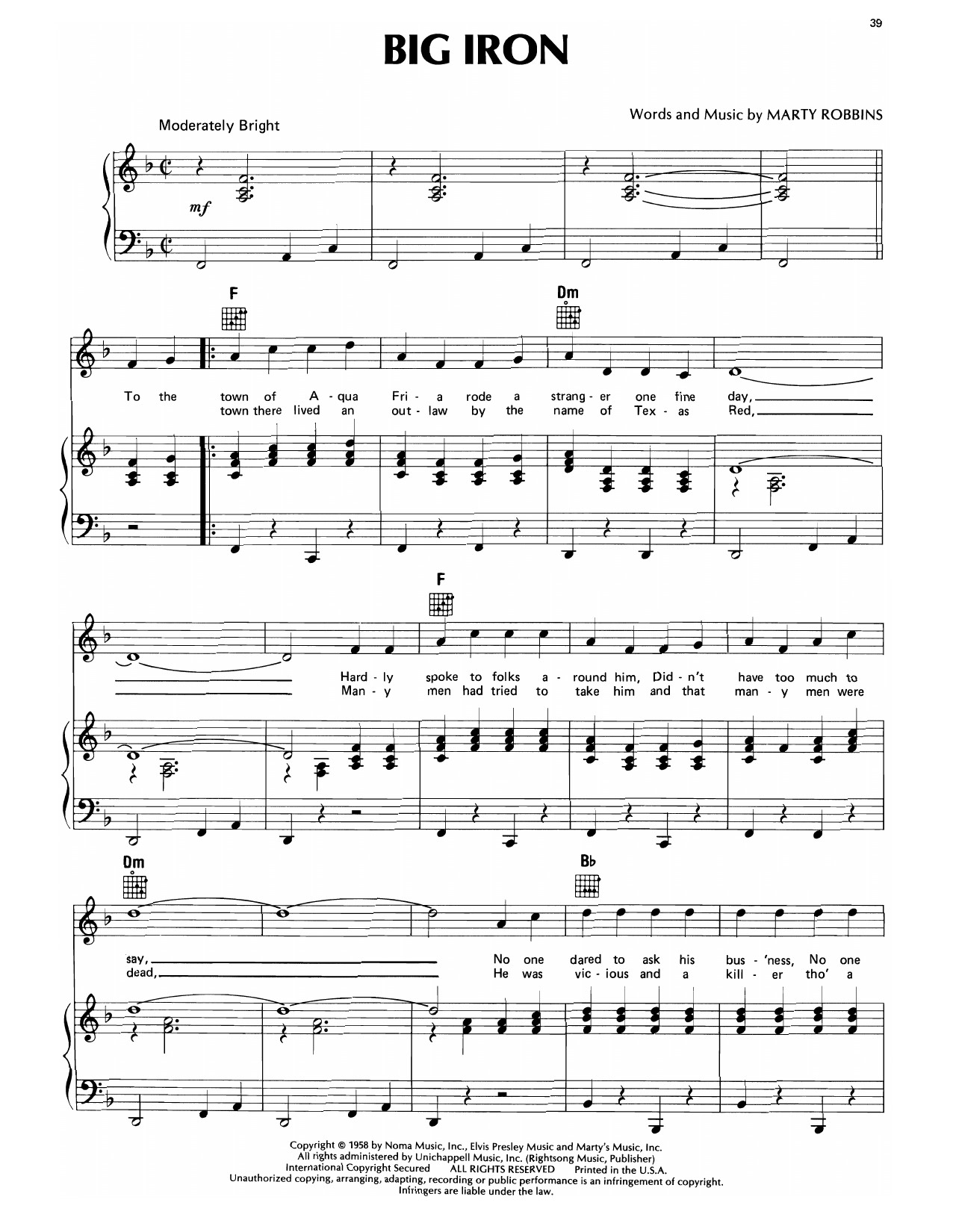 Marty Robbins Big Iron sheet music notes and chords arranged for Piano, Vocal & Guitar Chords (Right-Hand Melody)