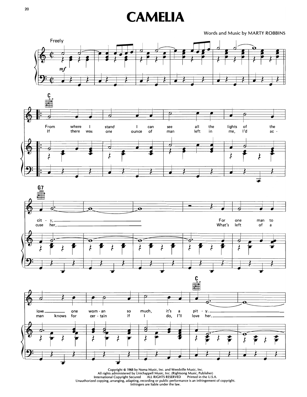 Marty Robbins Camelia sheet music notes and chords arranged for Piano, Vocal & Guitar Chords (Right-Hand Melody)