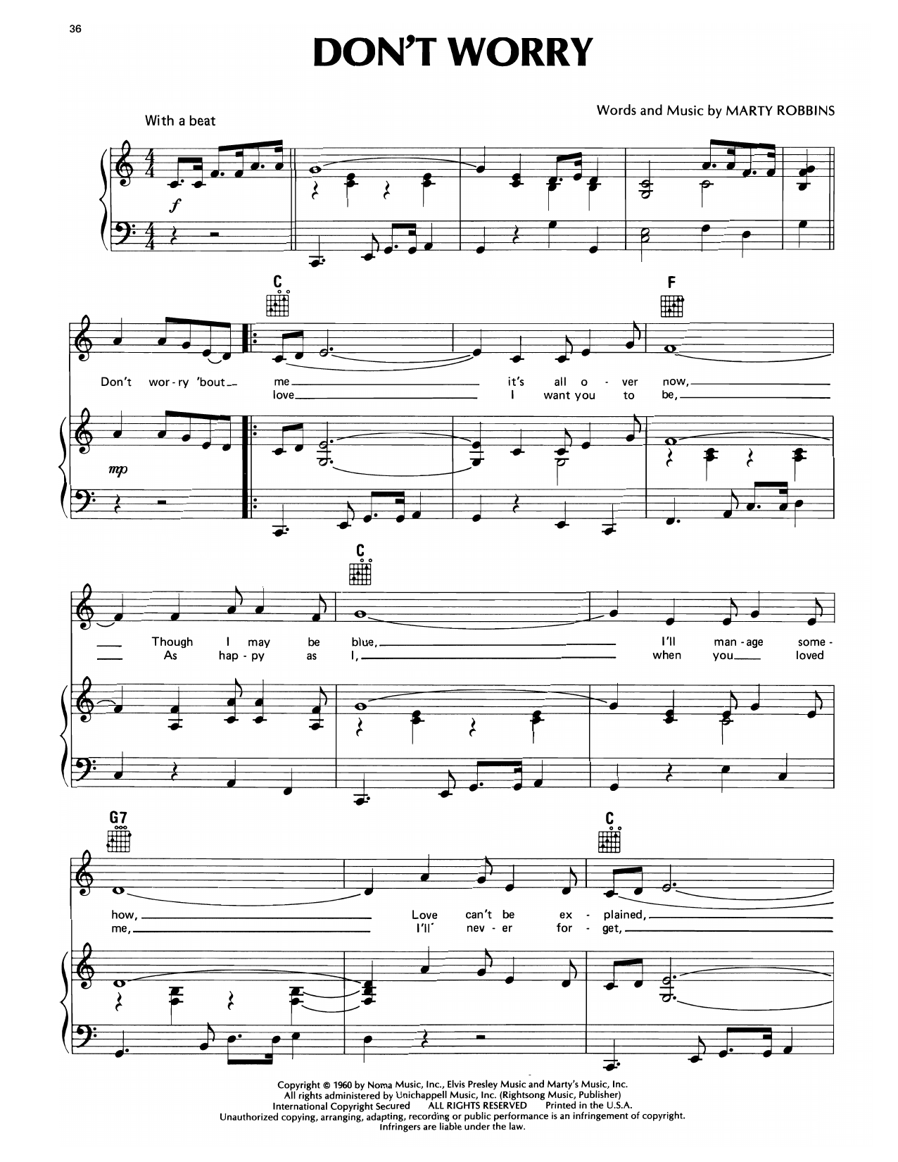 Marty Robbins Don't Worry sheet music notes and chords arranged for Piano, Vocal & Guitar Chords (Right-Hand Melody)