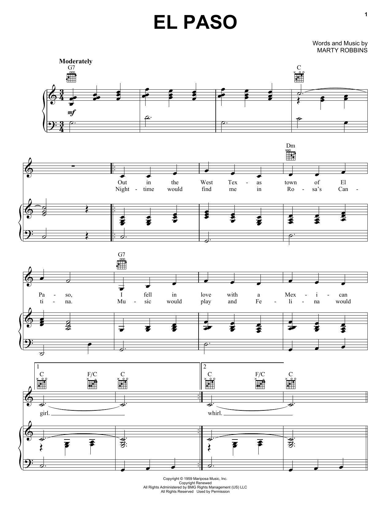 Marty Robbins El Paso sheet music notes and chords arranged for Super Easy Piano