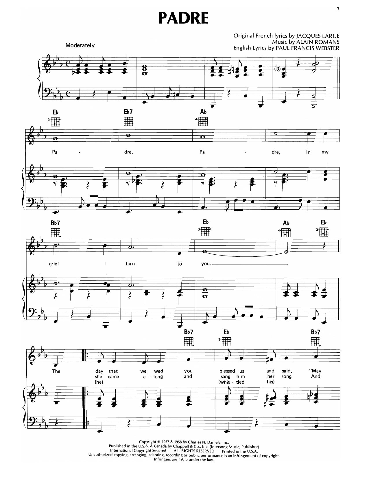 Marty Robbins Padre sheet music notes and chords arranged for Piano, Vocal & Guitar Chords (Right-Hand Melody)