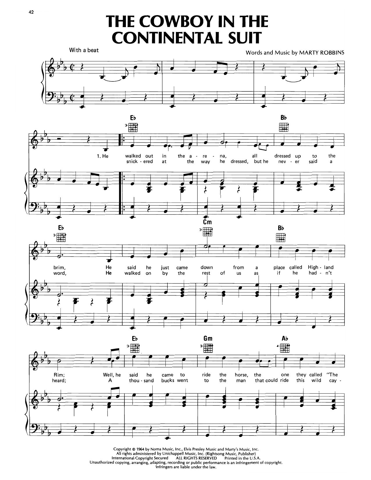 Marty Robbins The Cowboy In The Continental Suit sheet music notes and chords arranged for Piano, Vocal & Guitar Chords (Right-Hand Melody)