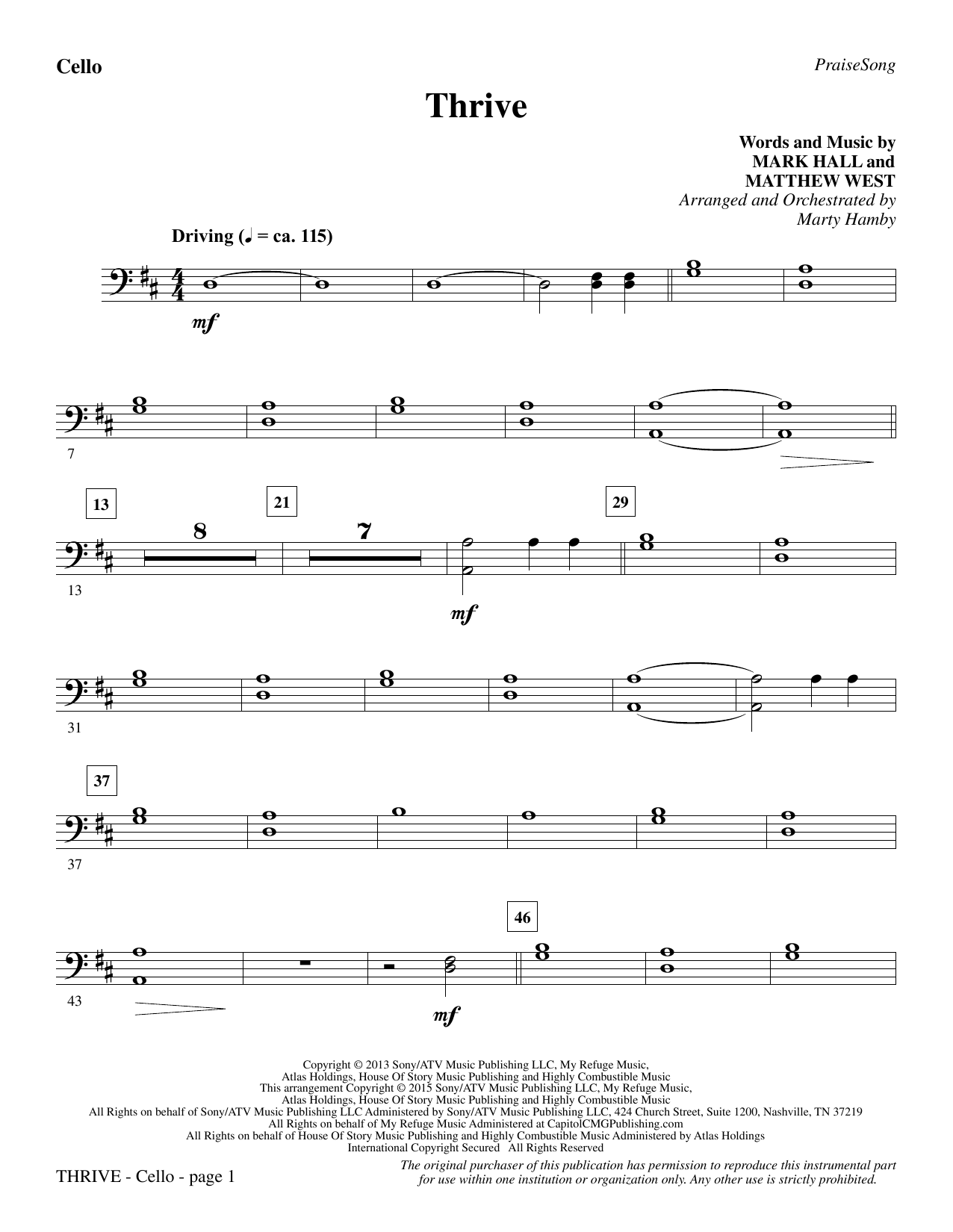 Marty Hamby Thrive - Cello sheet music notes and chords. Download Printable PDF.