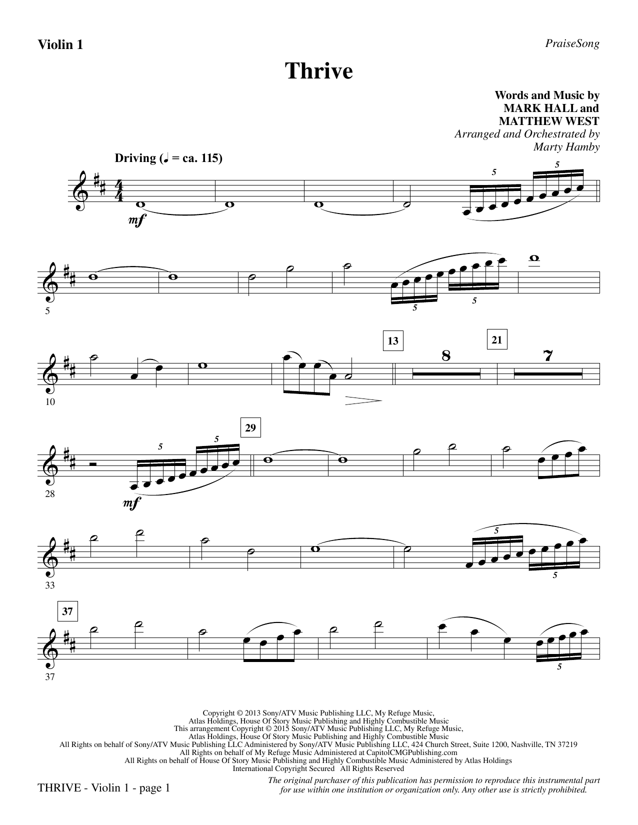 Marty Hamby Thrive - Violin 1 sheet music notes and chords. Download Printable PDF.