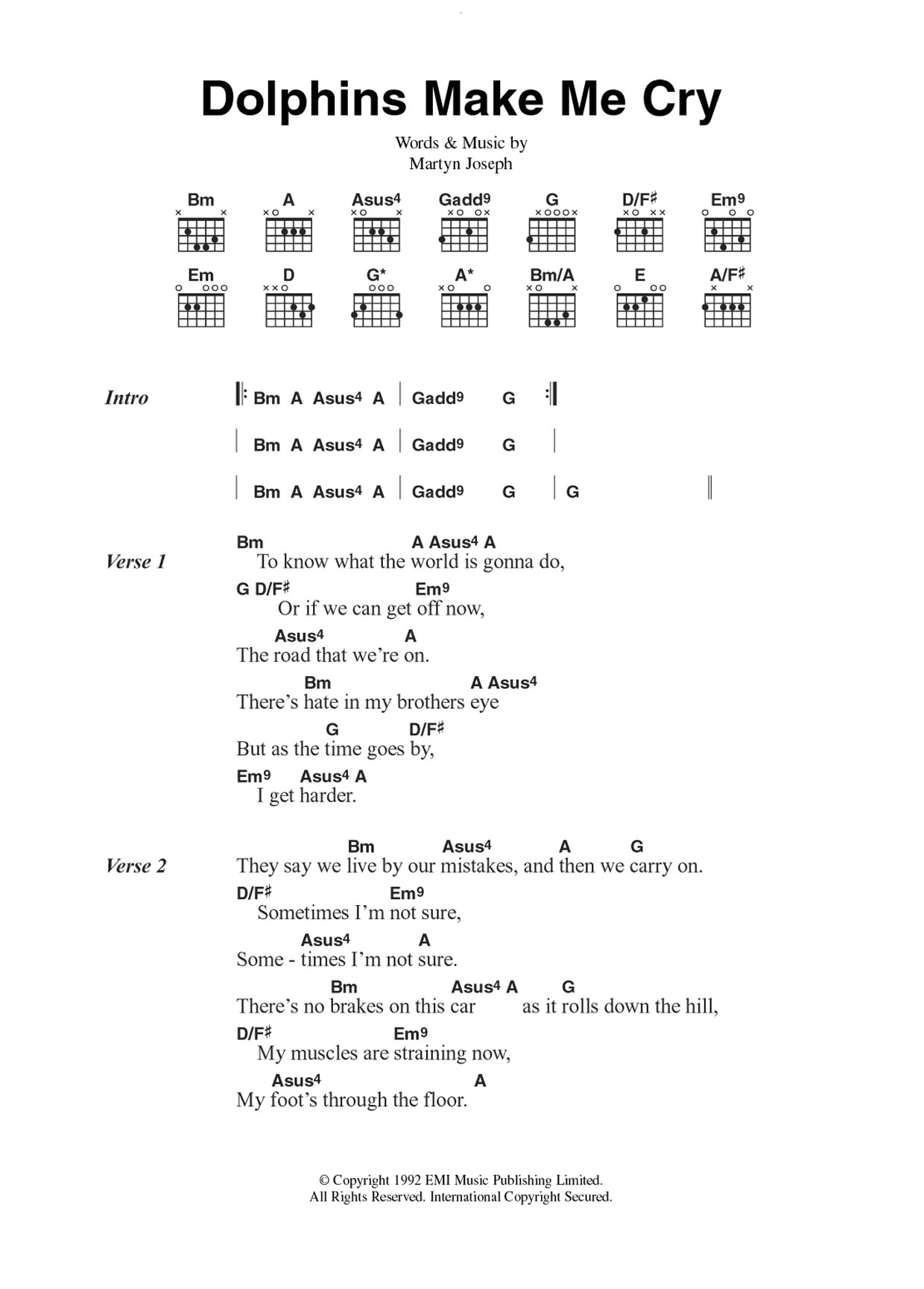 Martyn Joseph Dolphins Make Me Cry sheet music notes and chords arranged for Guitar Chords/Lyrics