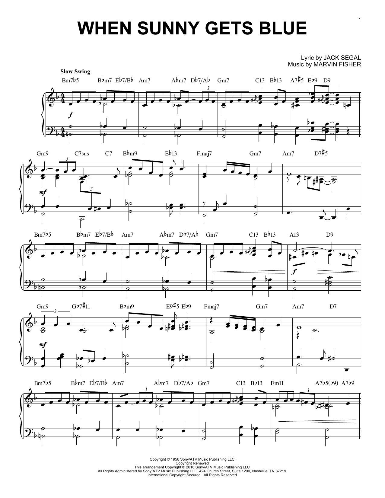 Marvin Fisher When Sunny Gets Blue (arr. Brent Edstrom) sheet music notes and chords arranged for Piano Solo