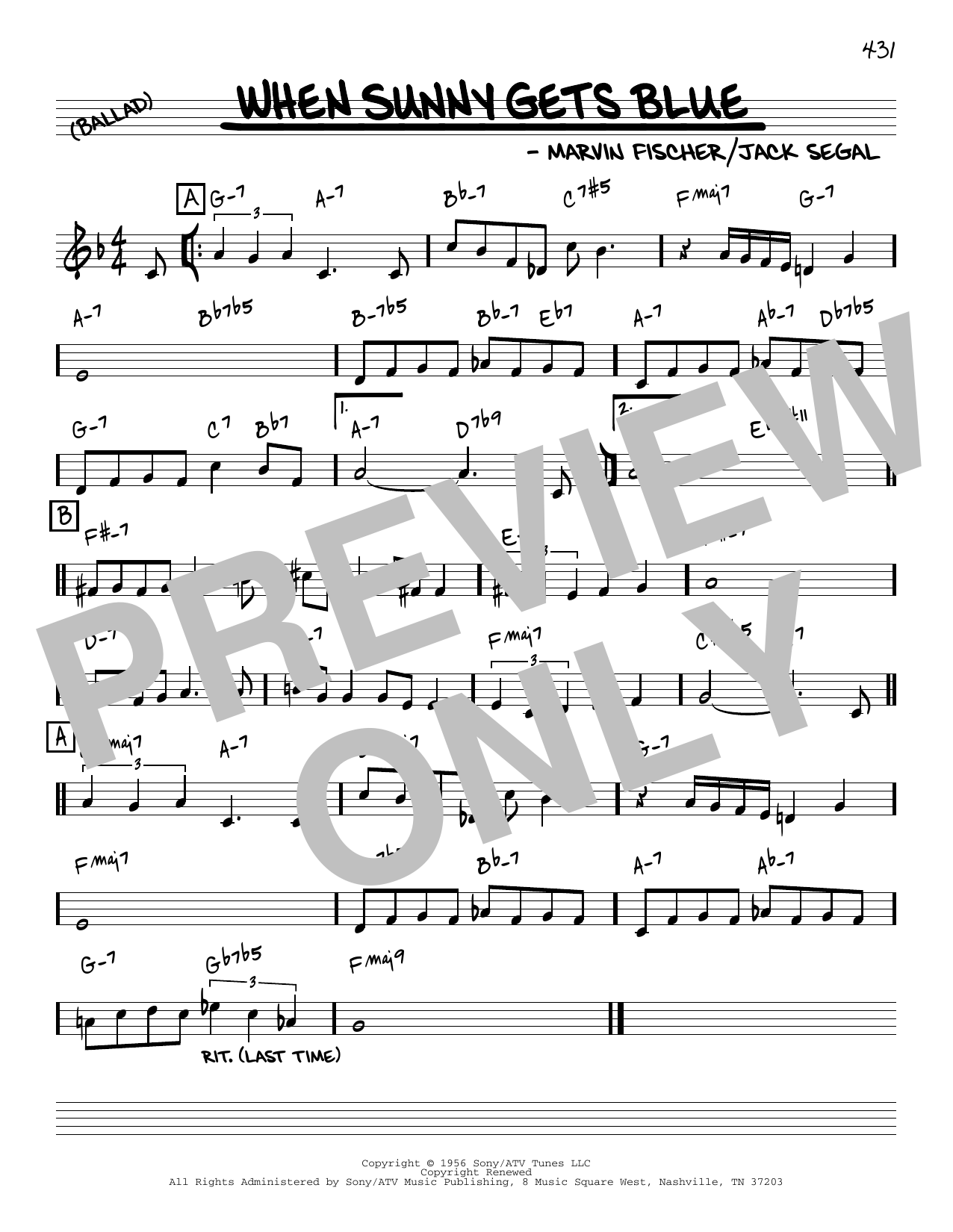 Marvin Fisher When Sunny Gets Blue [Reharmonized version] (arr. Jack Grassel) sheet music notes and chords arranged for Real Book – Melody & Chords