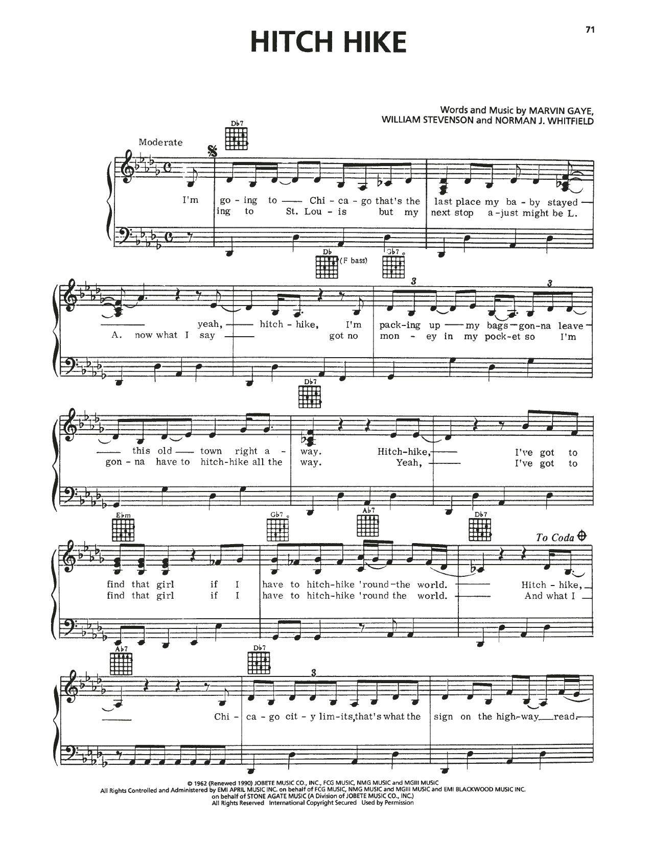 Marvin Gaye Hitch Hike sheet music notes and chords arranged for Piano, Vocal & Guitar Chords (Right-Hand Melody)