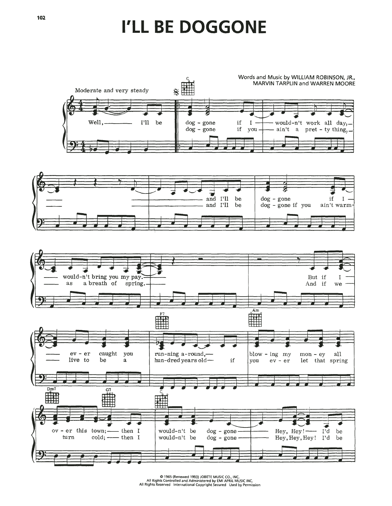 Marvin Gaye I'll Be Doggone sheet music notes and chords arranged for Piano, Vocal & Guitar Chords (Right-Hand Melody)