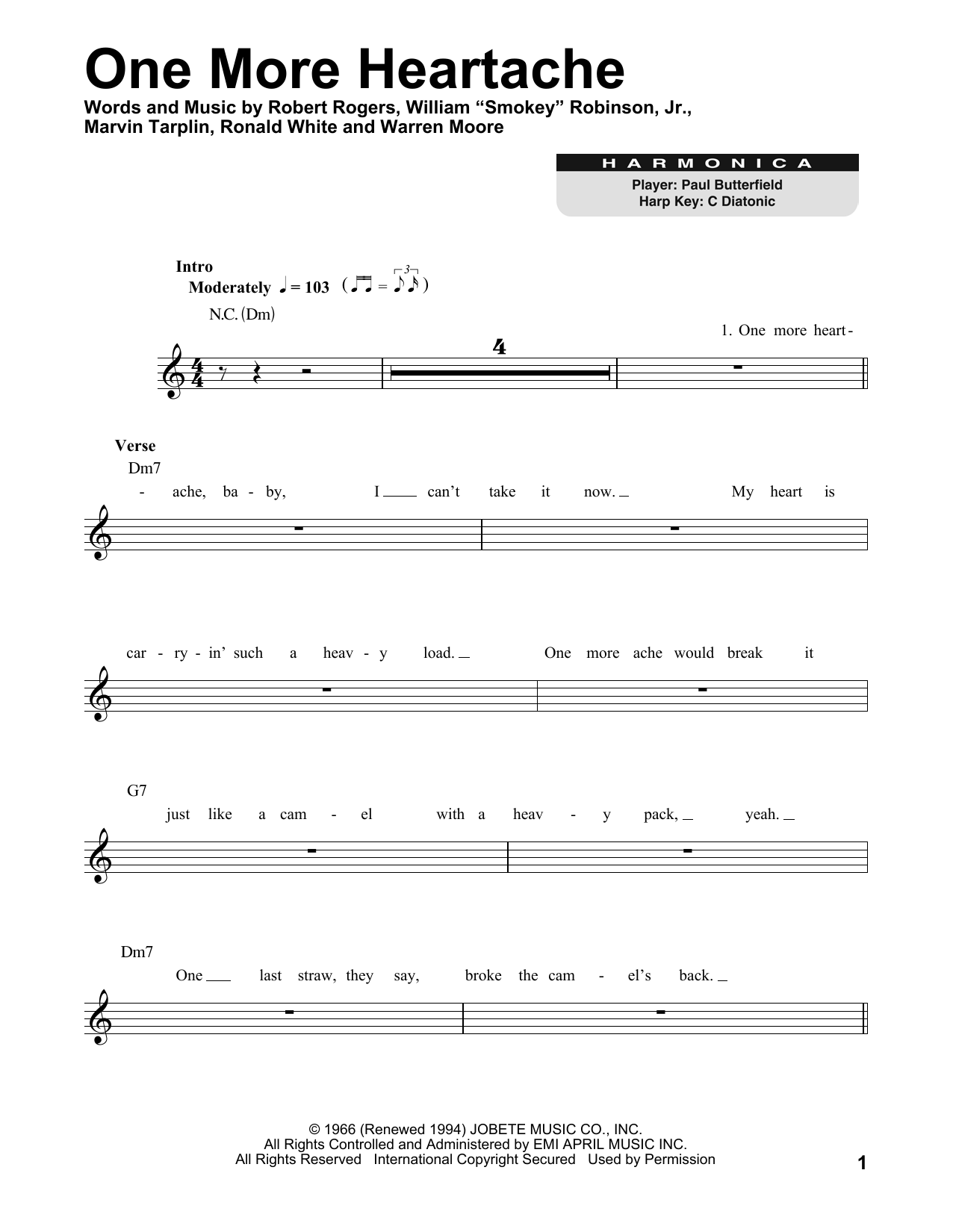 Marvin Gaye One More Heartache sheet music notes and chords arranged for Harmonica