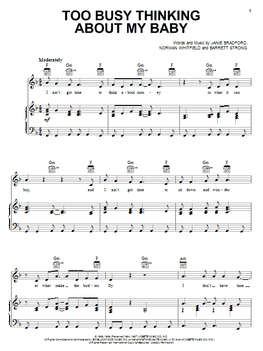 Marvin Gaye Too Busy Thinking About My Baby sheet music notes and chords arranged for Piano, Vocal & Guitar Chords (Right-Hand Melody)