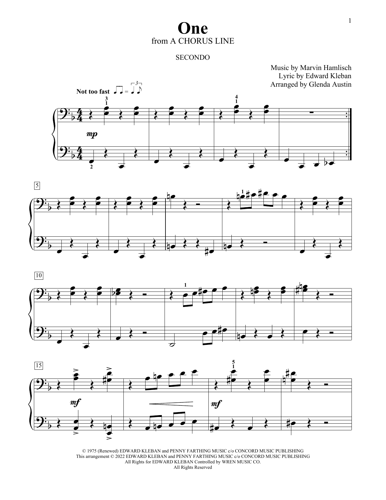 Marvin Hamlisch and Edward Kleban One (from A Chorus Line) (arr. Glenda Austin) sheet music notes and chords arranged for Piano Duet