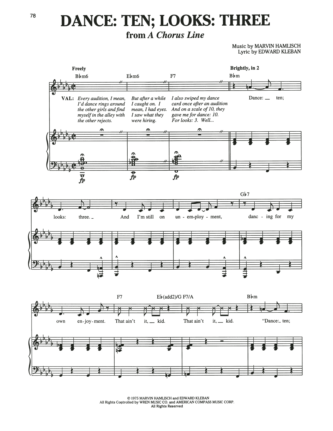 Marvin Hamlisch Dance: Ten; Looks: Three (from A Chorus Line) sheet music notes and chords arranged for Piano & Vocal