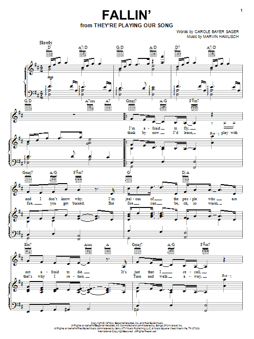 Marvin Hamlisch Fallin' sheet music notes and chords arranged for Piano, Vocal & Guitar Chords (Right-Hand Melody)