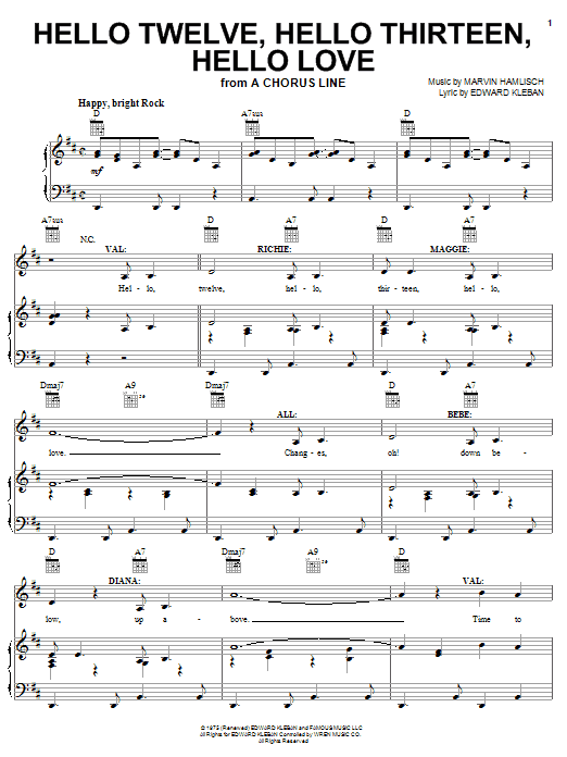 Marvin Hamlisch Hello Twelve, Hello Thirteen, Hello Love sheet music notes and chords arranged for Piano, Vocal & Guitar Chords (Right-Hand Melody)