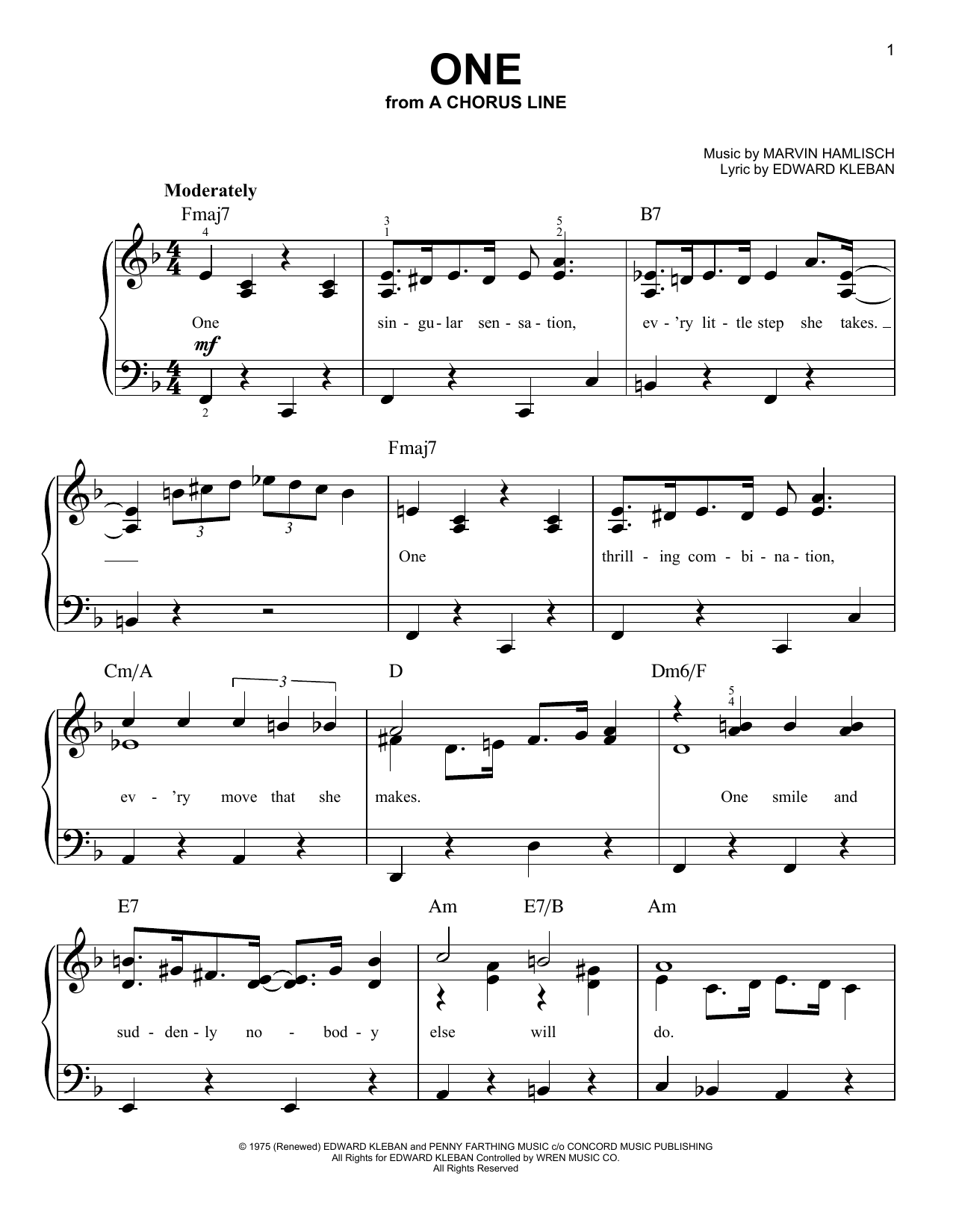 Marvin Hamlisch One sheet music notes and chords arranged for Easy Piano