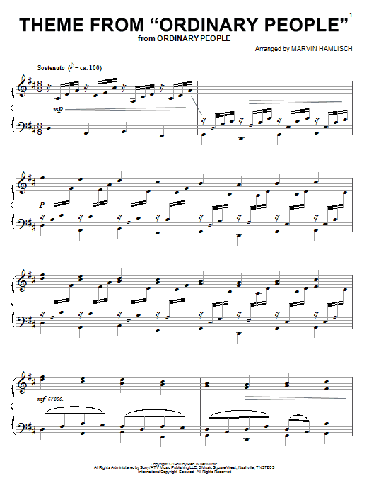 Marvin Hamlisch Theme From Ordinary People sheet music notes and chords arranged for Piano Solo