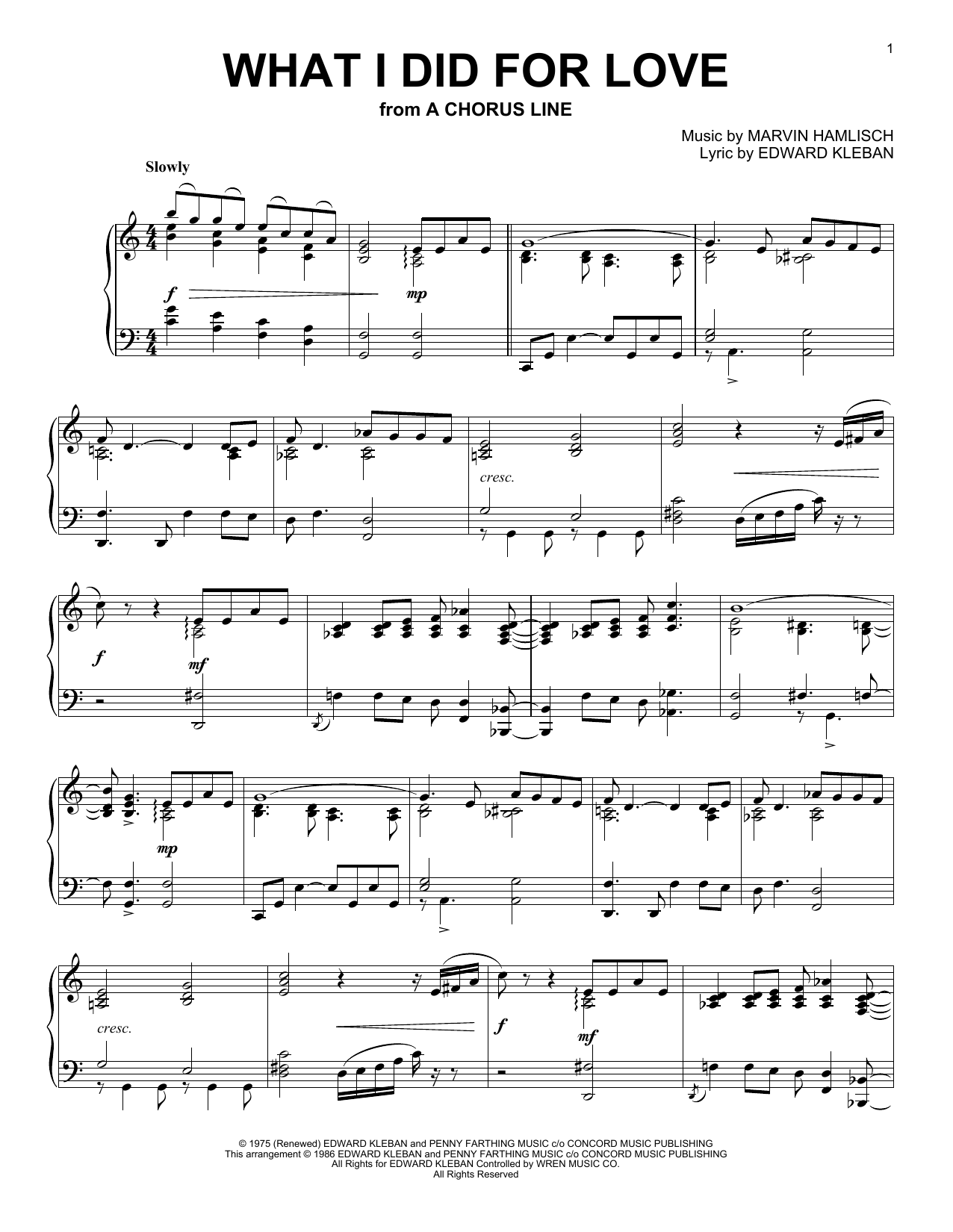 Marvin Hamlisch What I Did For Love (from A Chorus Line) sheet music notes and chords arranged for Piano Chords/Lyrics