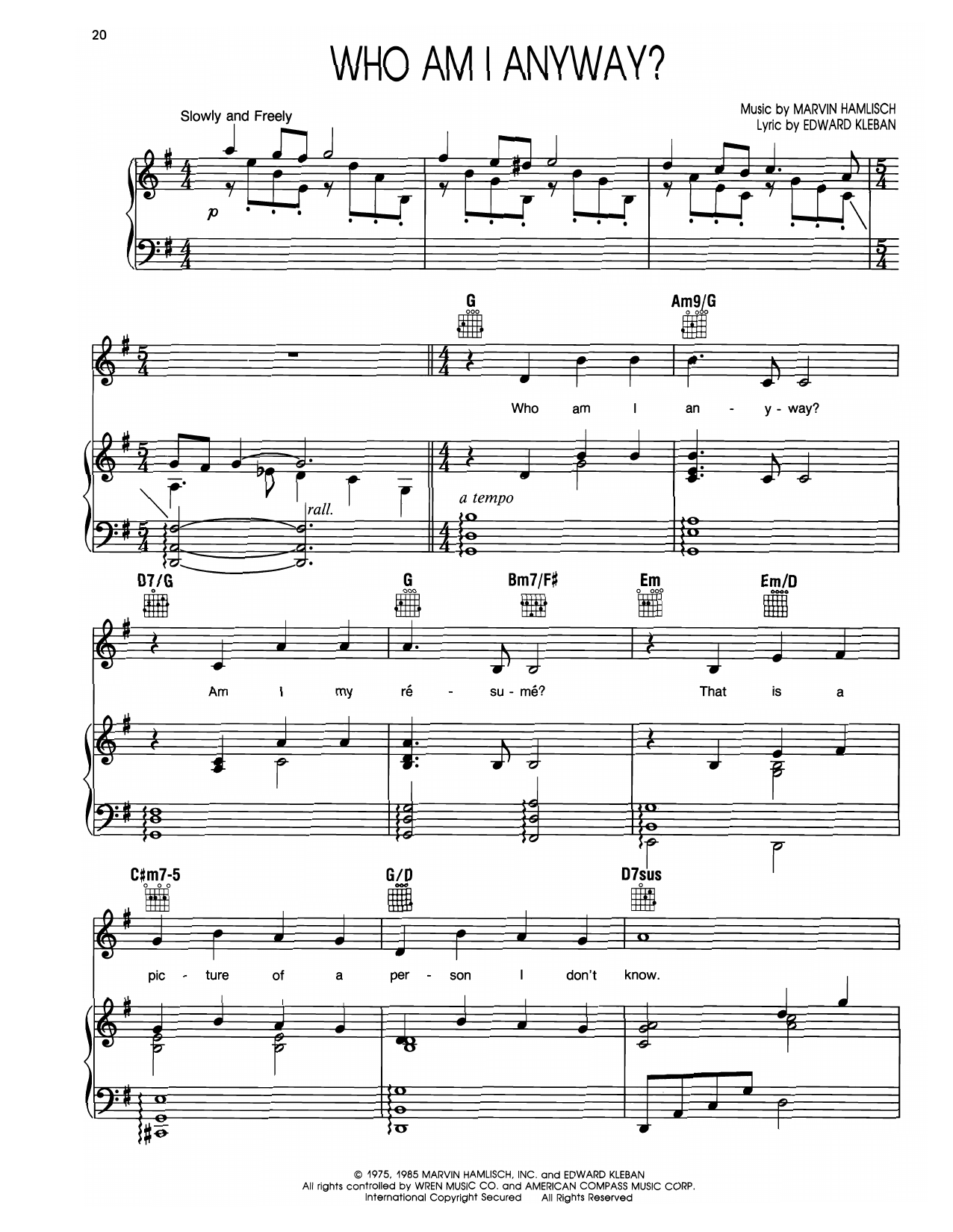 Marvin Hamlisch Who Am I Anyway (from A Chorus Line) sheet music notes and chords arranged for Piano, Vocal & Guitar Chords (Right-Hand Melody)