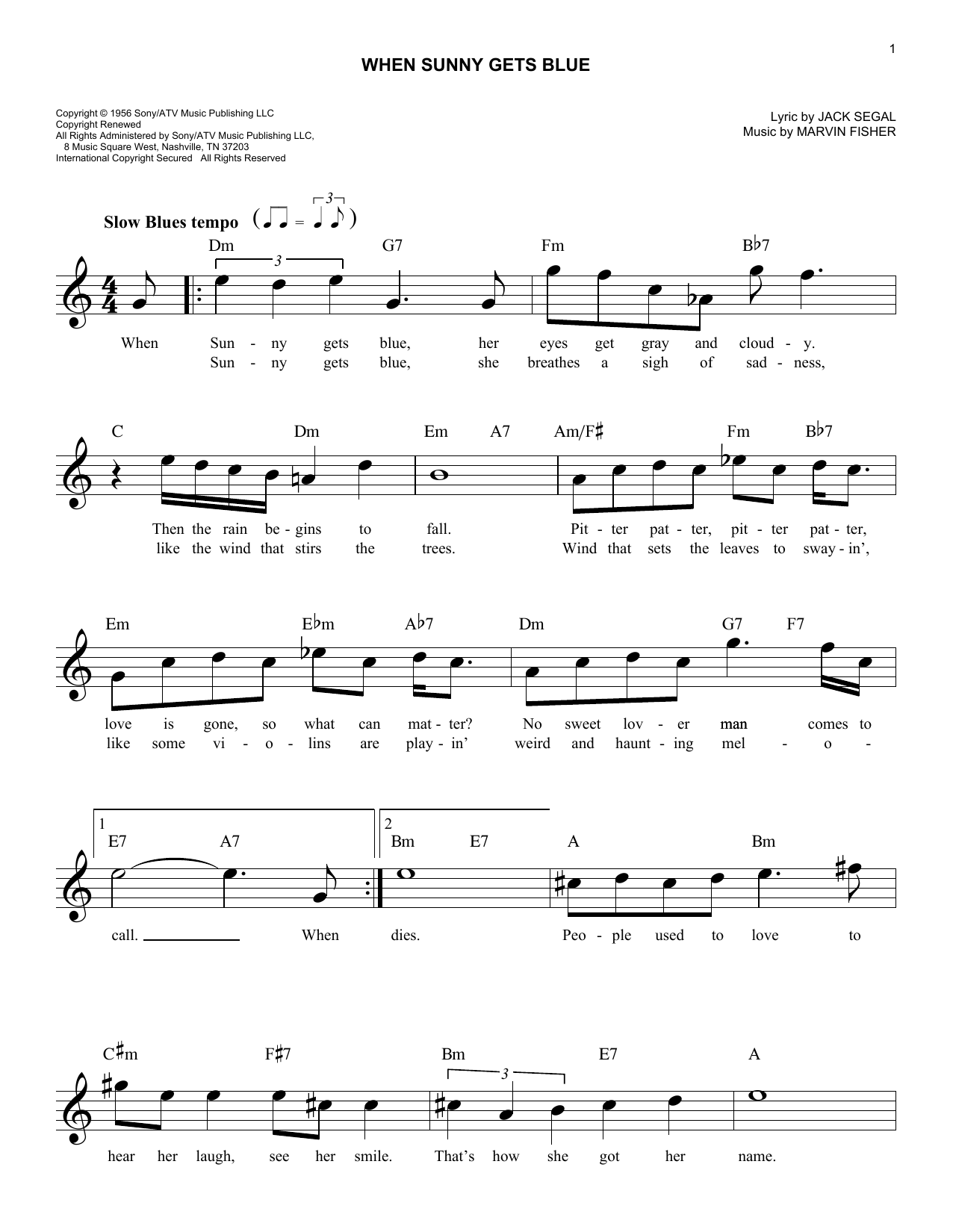 Marvin Fisher When Sunny Gets Blue sheet music notes and chords. Download Printable PDF.