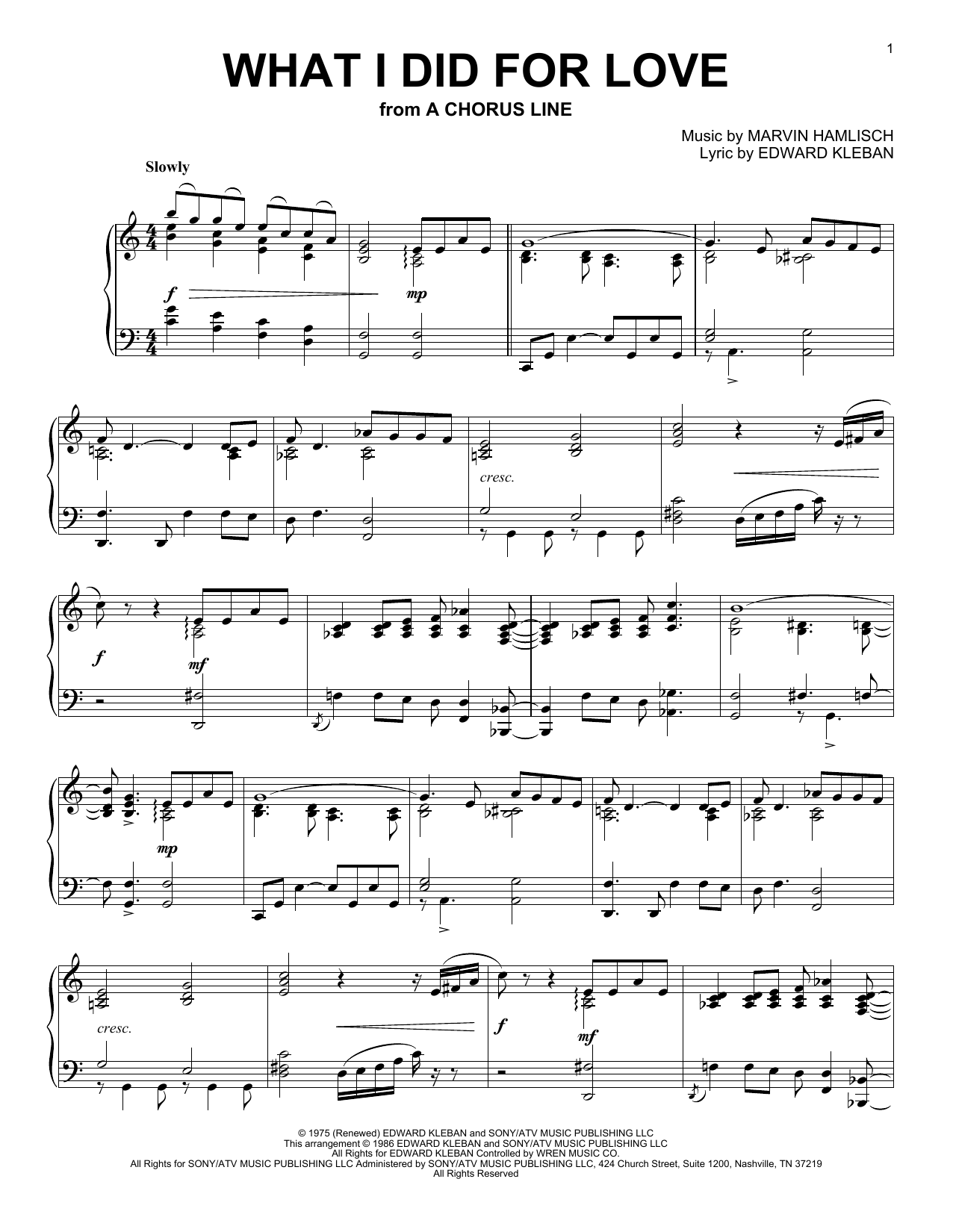 Marvin Hamlisch What I Did For Love (from A Chorus Line) sheet music notes and chords arranged for Piano & Vocal