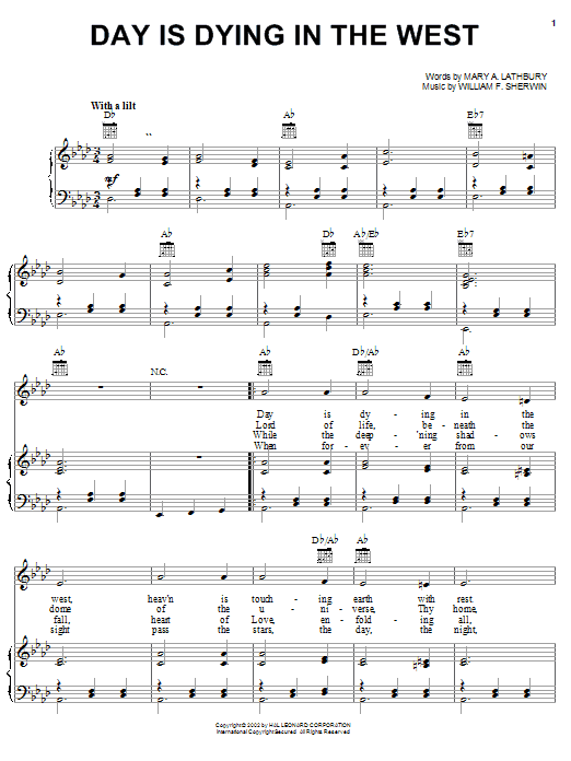 Mary A. Lathbury Day Is Dying In The West sheet music notes and chords arranged for Piano, Vocal & Guitar Chords (Right-Hand Melody)